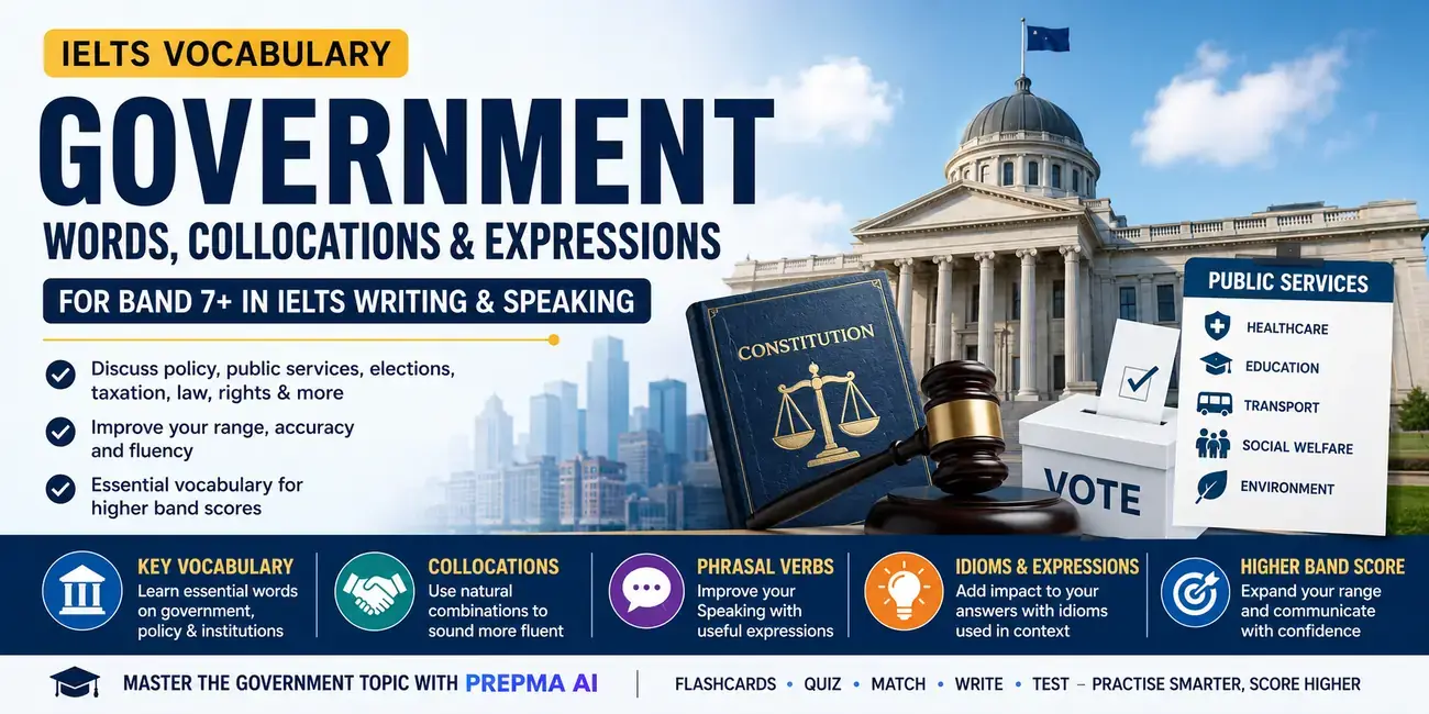 IELTS Government vocabulary guide covering words, collocations and expressions for Band 7 plus
