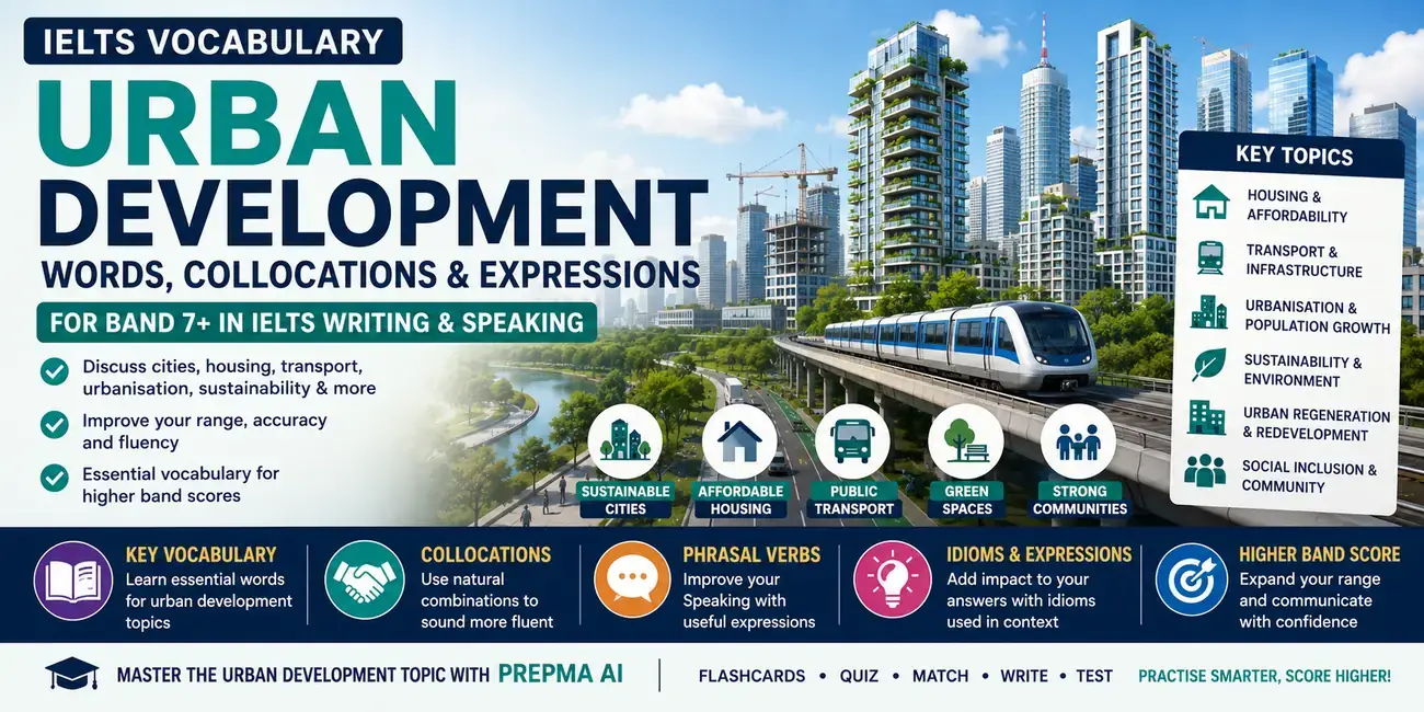 IELTS Urban Development vocabulary guide covering words, collocations and expressions for Band 7 plus